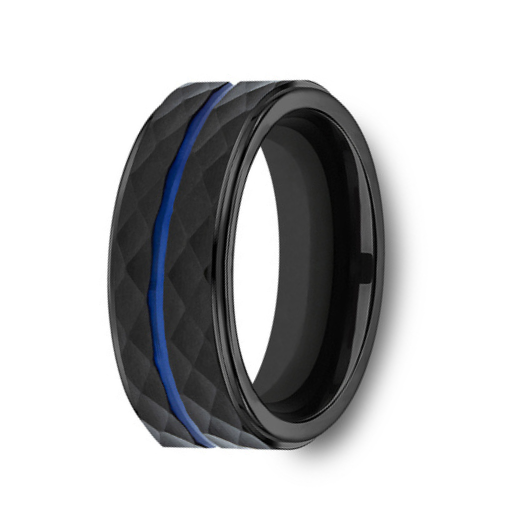 The McClane Faceted Black Cobalt Chrome with Blue Center Line Mens Ring 8mm