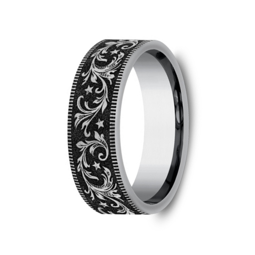 The Spur Barrel Script Pattern Men's Tungsten Ring Thin Etched Edges 7mm