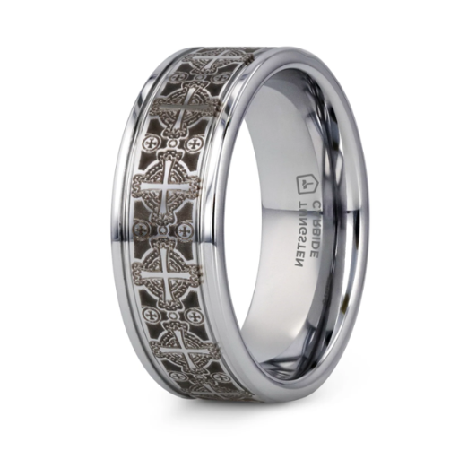 The Deacon Flat Tungsten Ring Laser Engraved Celtic Crosses 8mm