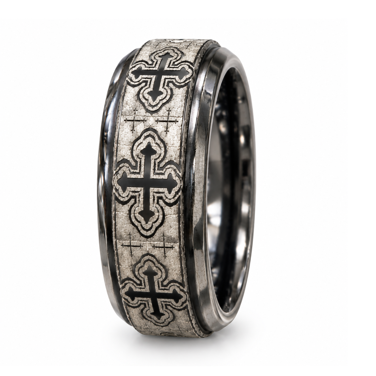 The Crusader Black Titanium Men's Wedding Band Cathedral Crosses