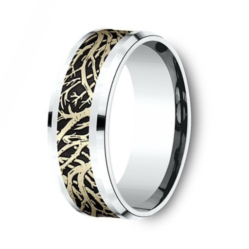 Men's 10K Yellow/White Gold Forrest Design Drop Bevel Edge -8mm