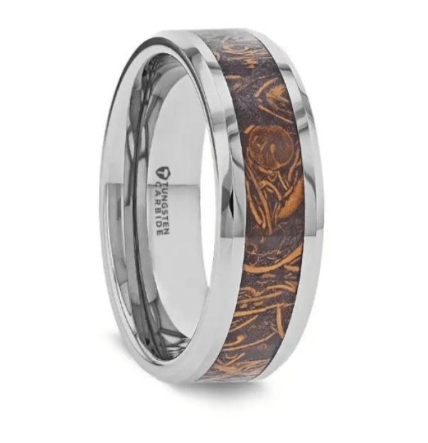ABBA Polished Tungsten Wedding Band with Sanskrit Stone Inlay Polished Edges - 8mm - Just Mens Rings