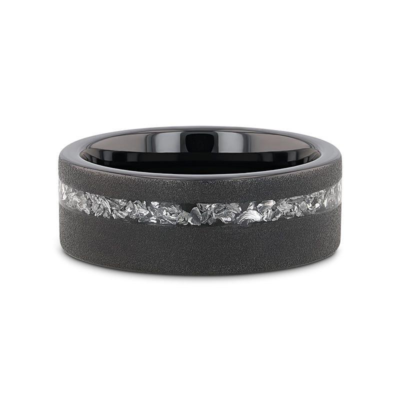 The Abyss Sandblasted Black Tungsten Ring with Meteorite Fragments