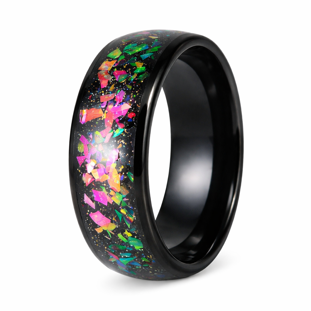 The Abyss Black Tungsten Ring with Synthetic Opal and Abalone