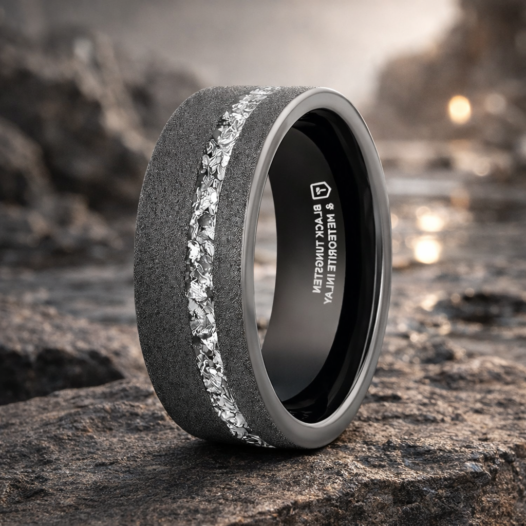 THE ABYSS　ブラックメタル　blackl The Abyss Sandblasted Black Tungsten Ring with Meteorite Fragments