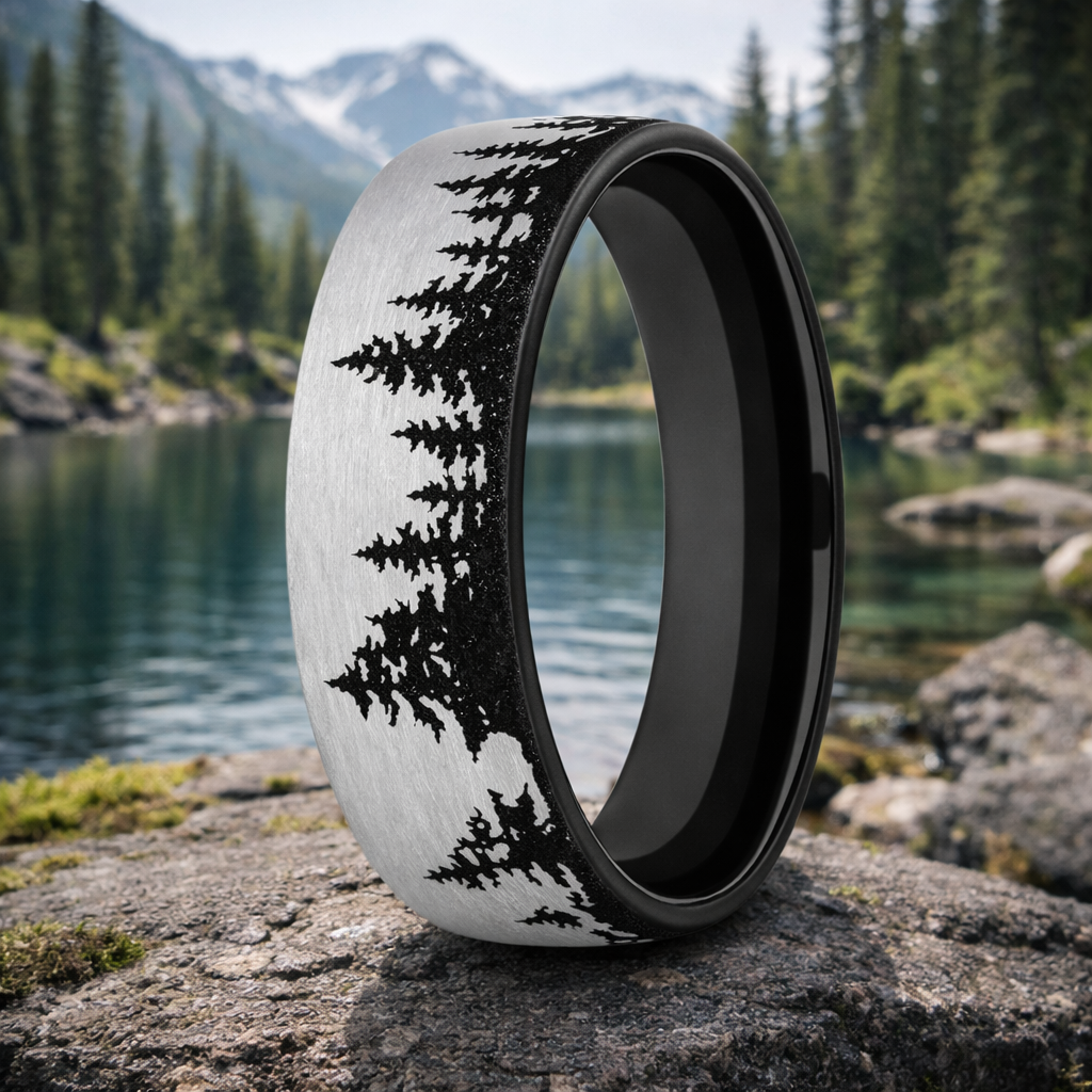 The Alpine Men's Titanium 6.5mm Tree Line Pattern Gray and Black