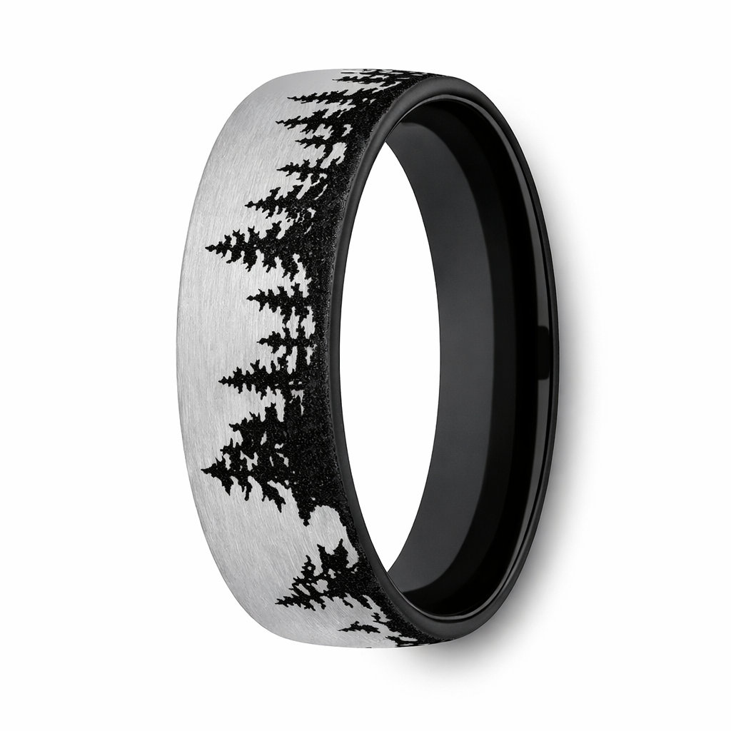 The Alpine Men's Titanium 6.5mm Tree Line Pattern Gray and Black