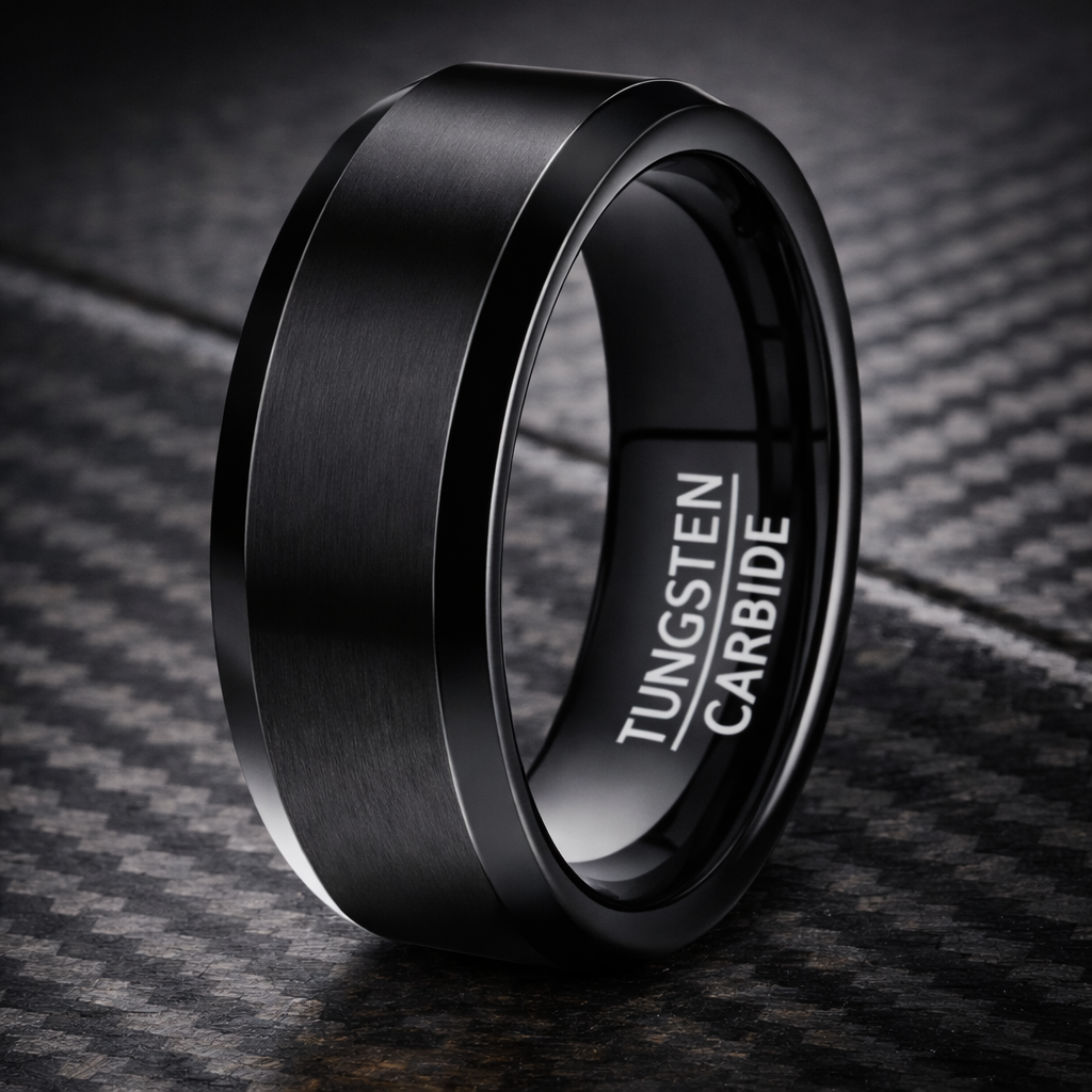 The Apex Noir Black Tungsten Ring for Men Flat Profile and Beveled