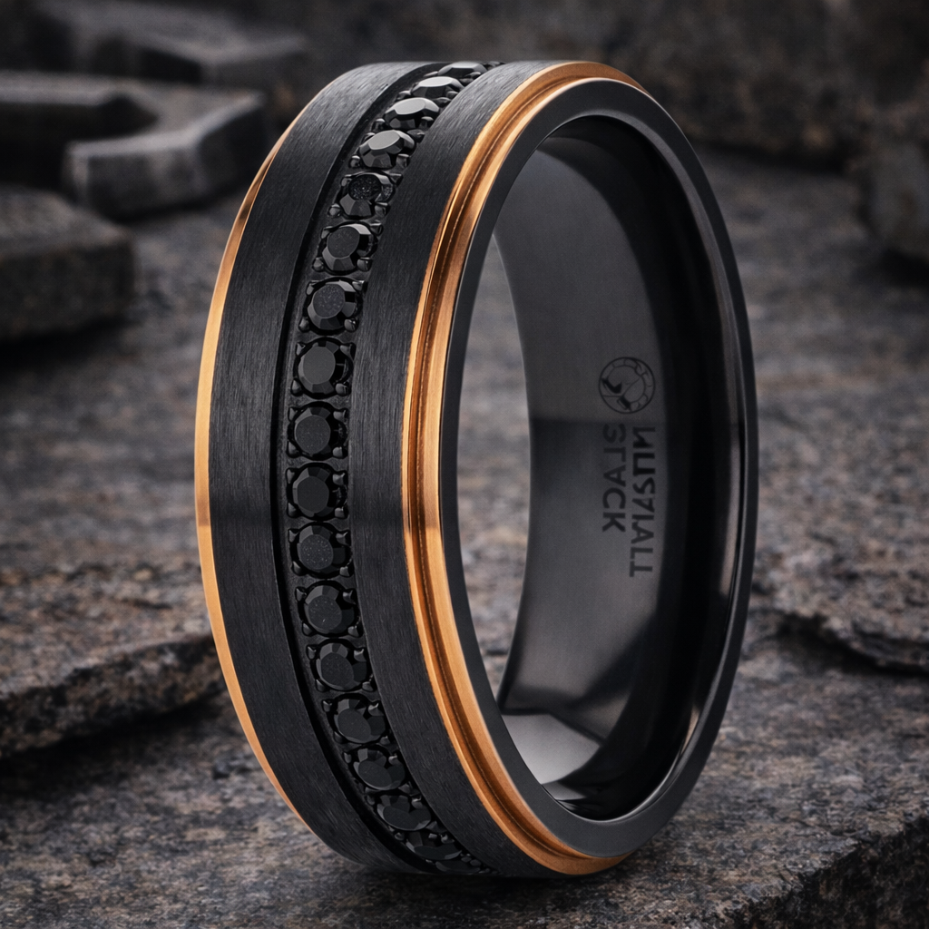 The Astro Flat Black Titanium Ring RoseGP Edge and Black Sapphire