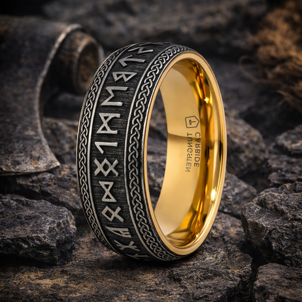 The Baldur Domed Tungsten Men's Ring with Deep Engraved Runes GP Inter ...