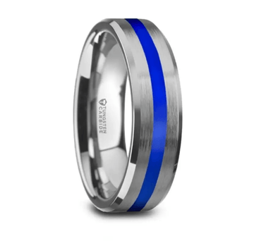 LAWSON Men’s Beveled Edges White Tungsten Brushed Finish Ring with Blue Stripe - 8mm