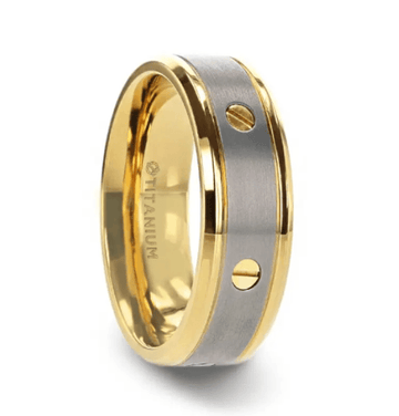 BOUNDLESS Gold-Plated Titanium Flat Brushed Center Screw Design And Beveled Edges - 8mm - Just Mens Rings