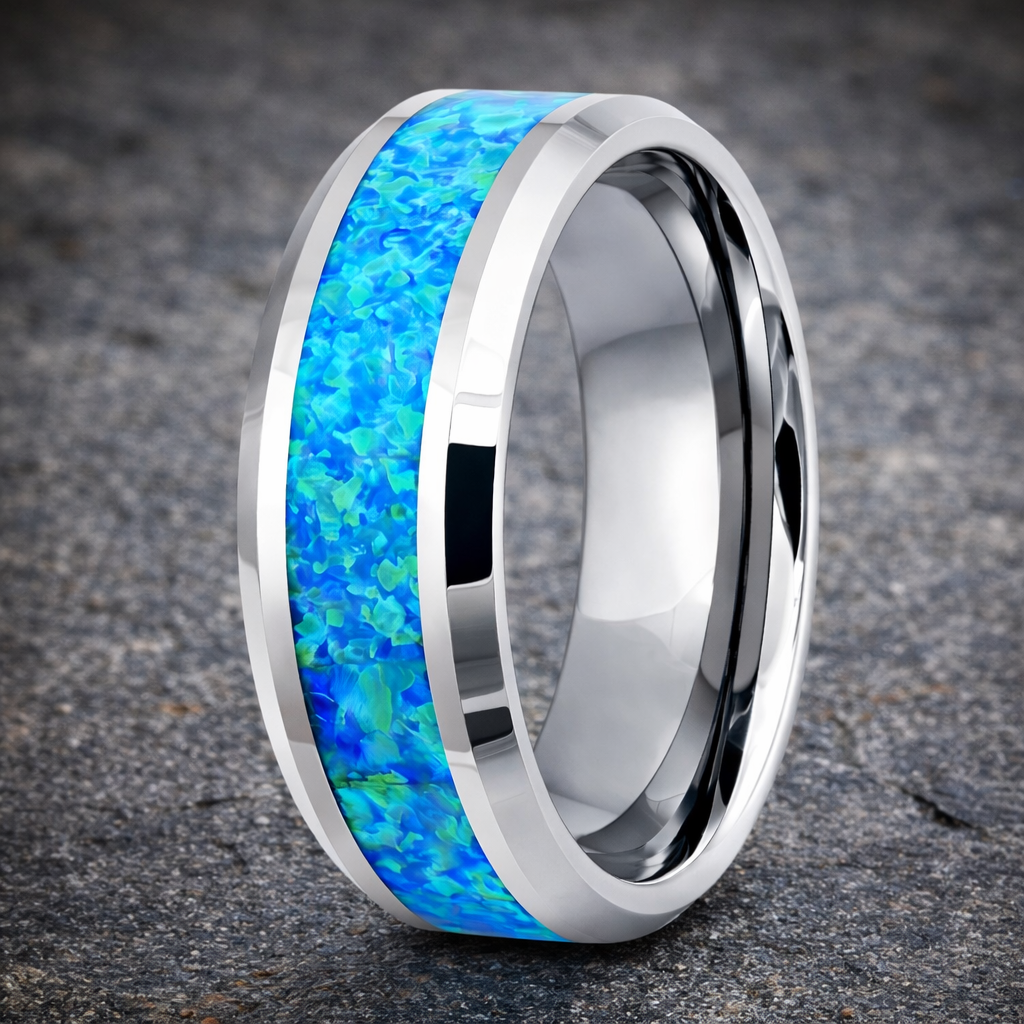 The Celestia Men's Synthetic Opal Inlay with Beveled Edges l 8mm – Just ...