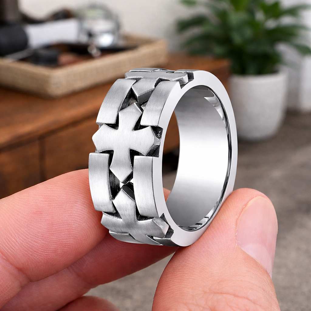 The Chunk Polished Cobalt Chrome Flat Men's Ring Cut Celtic Cross