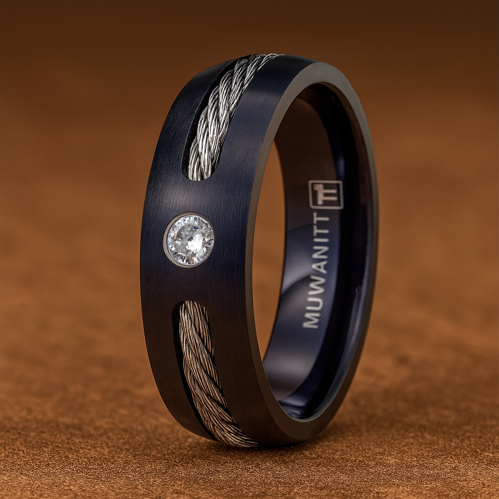 The Circuit Men's Black Titanium Cable Ring with Single CZ | 7mm – Just ...