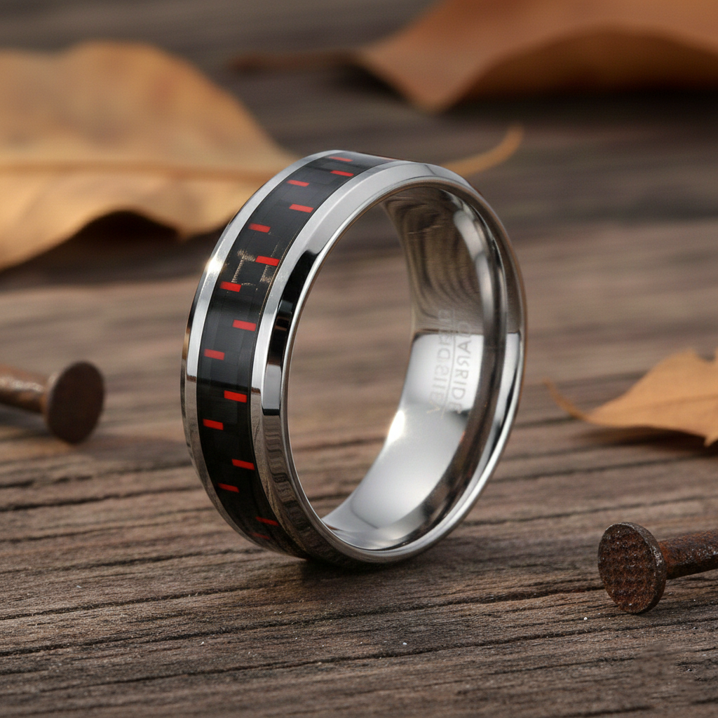 The Crimson Men's Tungsten Ring with Black and Red Carbon Fiber Inlay ...
