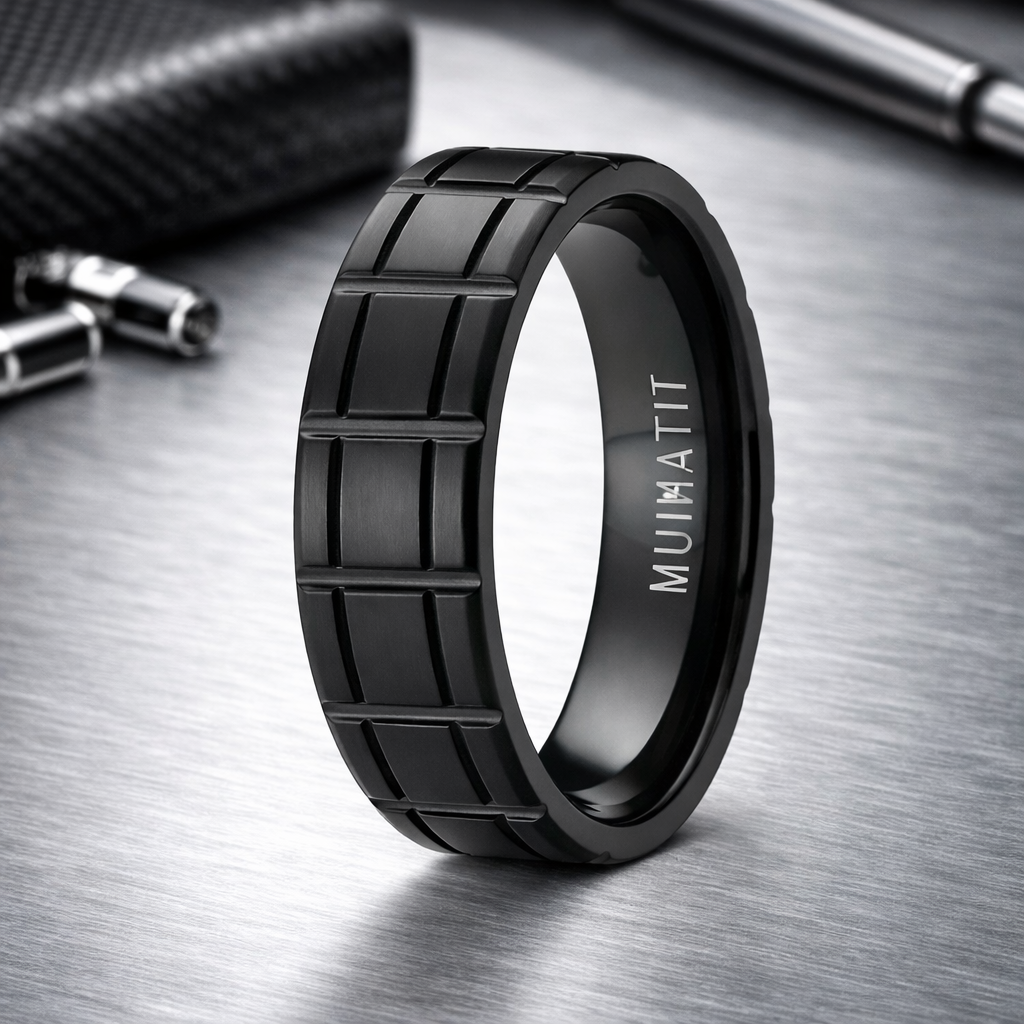 The Crosshatch Matte-Finished Black Titanium Ring with Vertical Bar Pa ...
