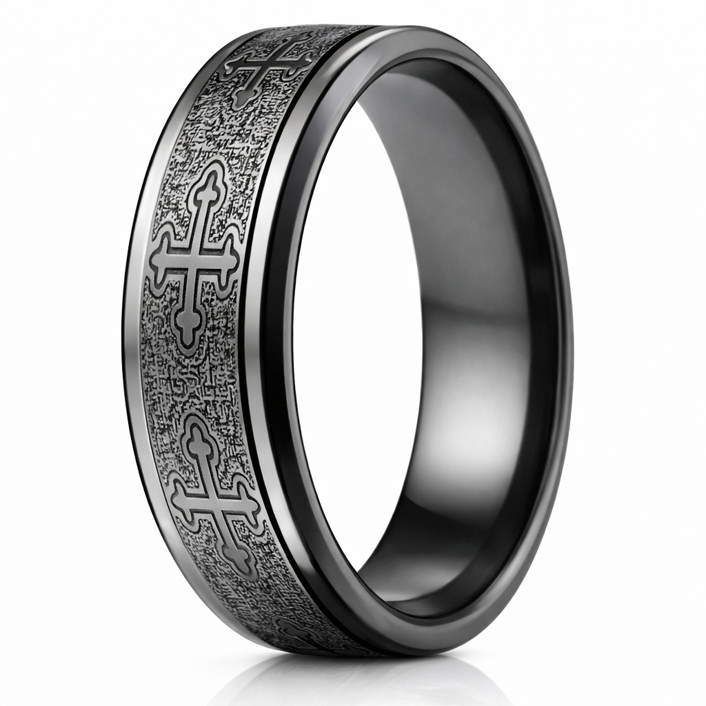 The Crusader Black Titanium Men's Wedding Band Cathedral Crosses
