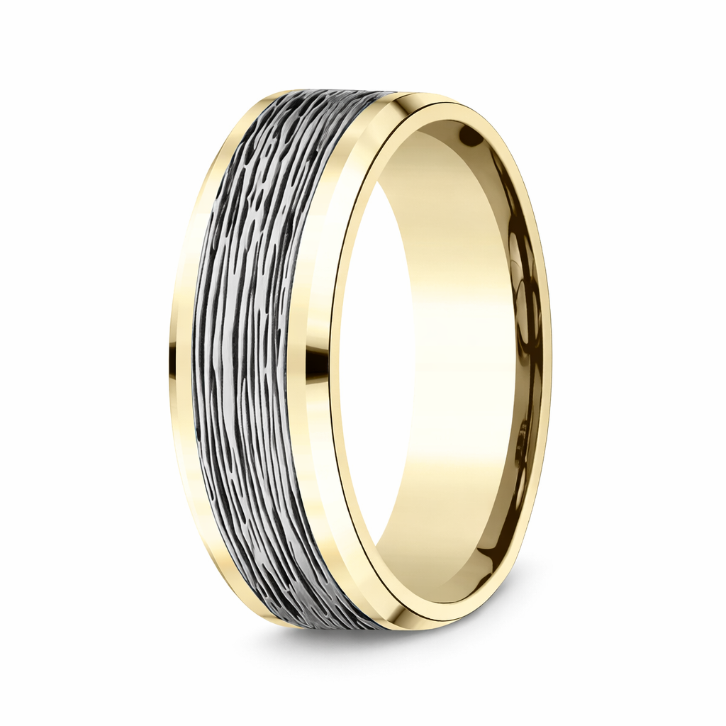 The Dogwood 14K Yellow&White Center Bark Design Beveled Edge Mens Ring ...