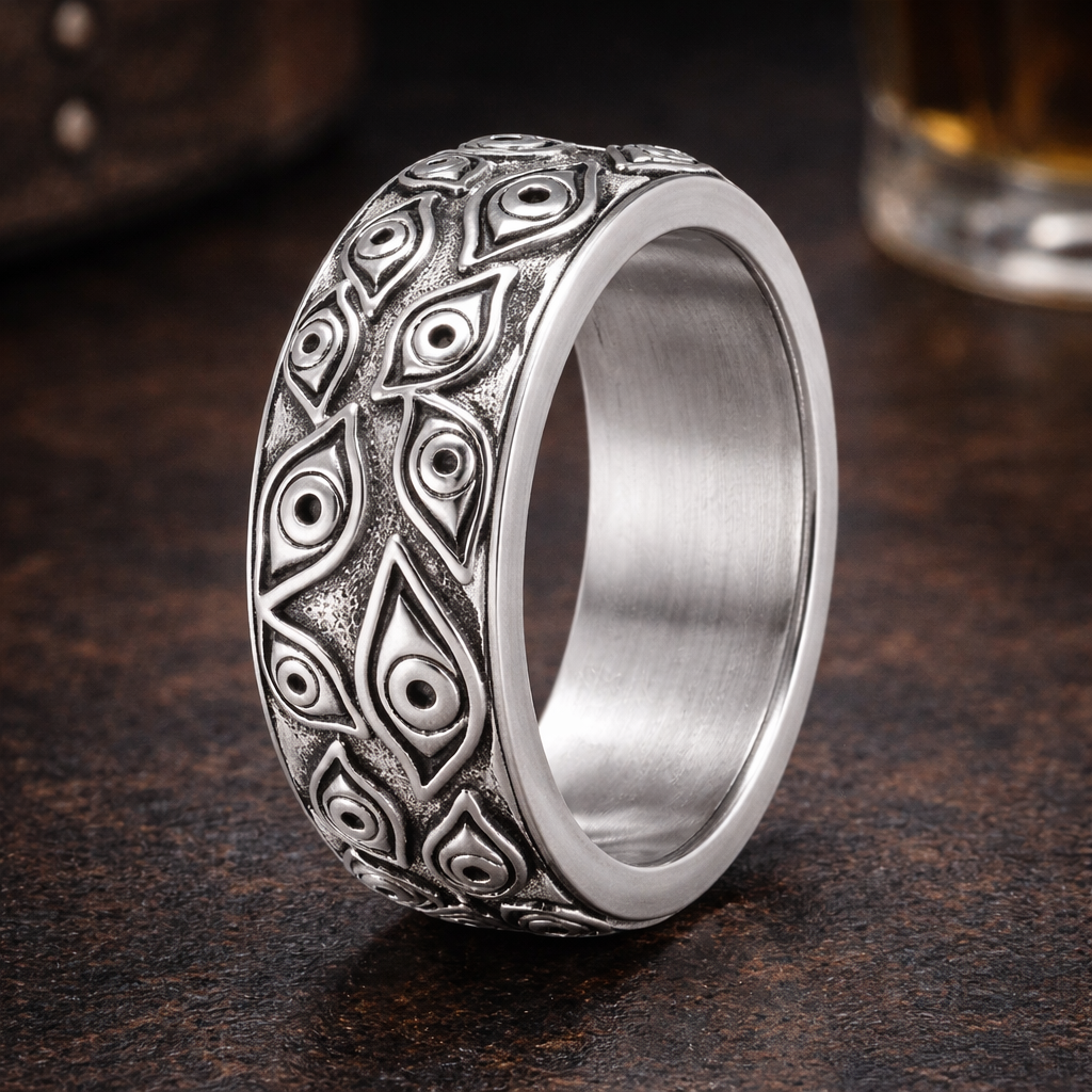 The Mystic Spin Carved Evil Eye Design Spinner Band Ring in Stainless ...