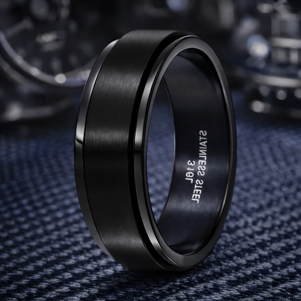 The Fidget Men's Black 316L Stainless Steel 8mm Spinner Ring with Poli ...