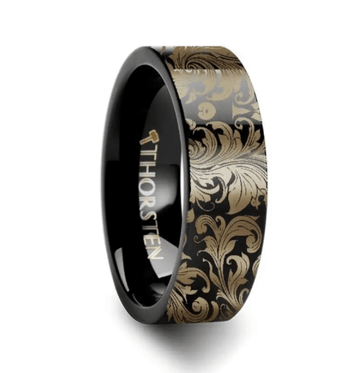 Filigree Leaf Pattern Black Tungsten Engraved Ring - 8mm