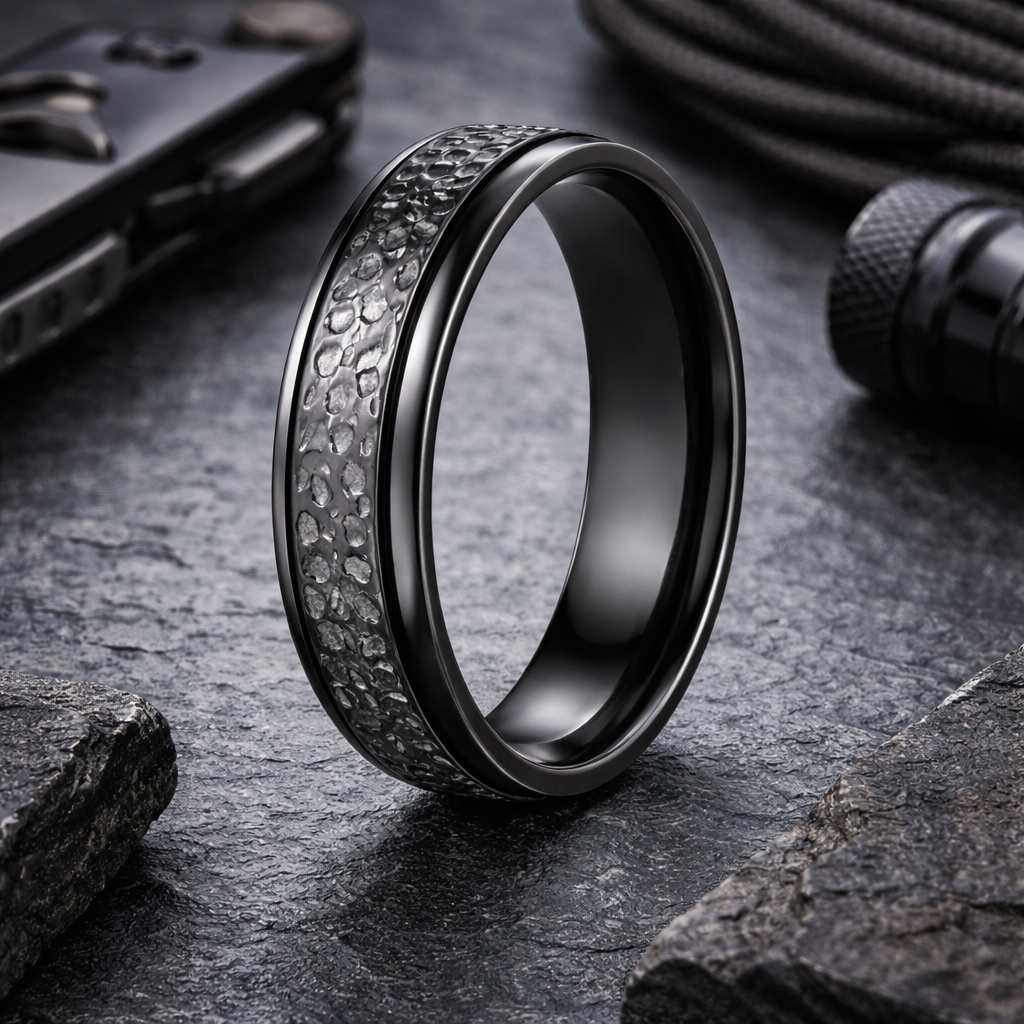 The Forge 7mm Men's Black Titanium Hammered Center Wedding Ring – Just ...