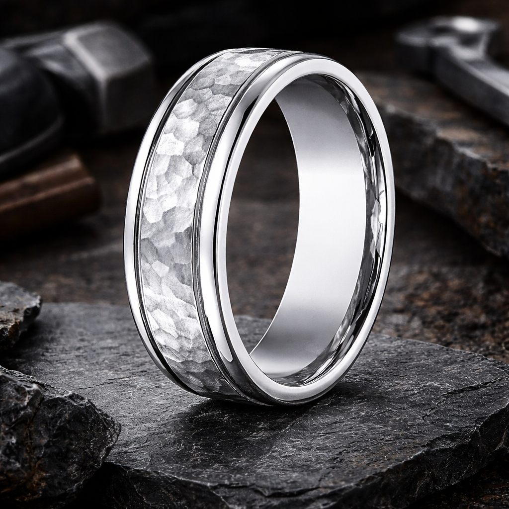 The Forge 7mm Men's Titanium Wedding Ring with Hammered Finish Polishe ...