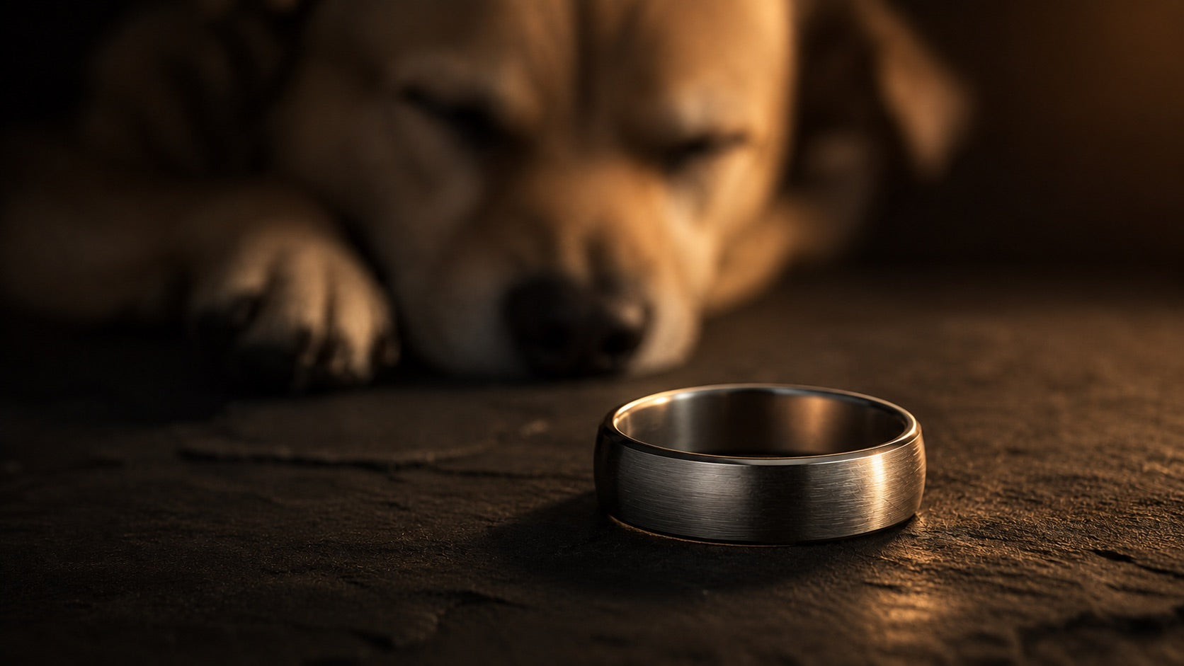 A Just Mens Rings band resting in front of a sleeping rescue dog
