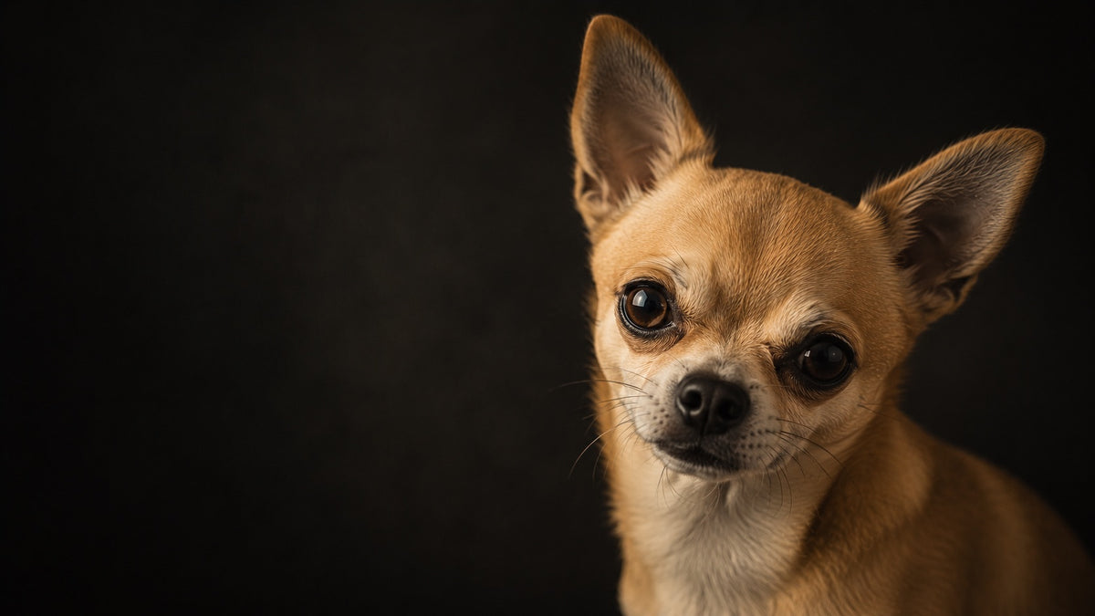 A small rescue dog looking toward the camera