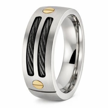 Mens Titanium Black Cable Ring with Satin Finish and 18K Gold Screws ...