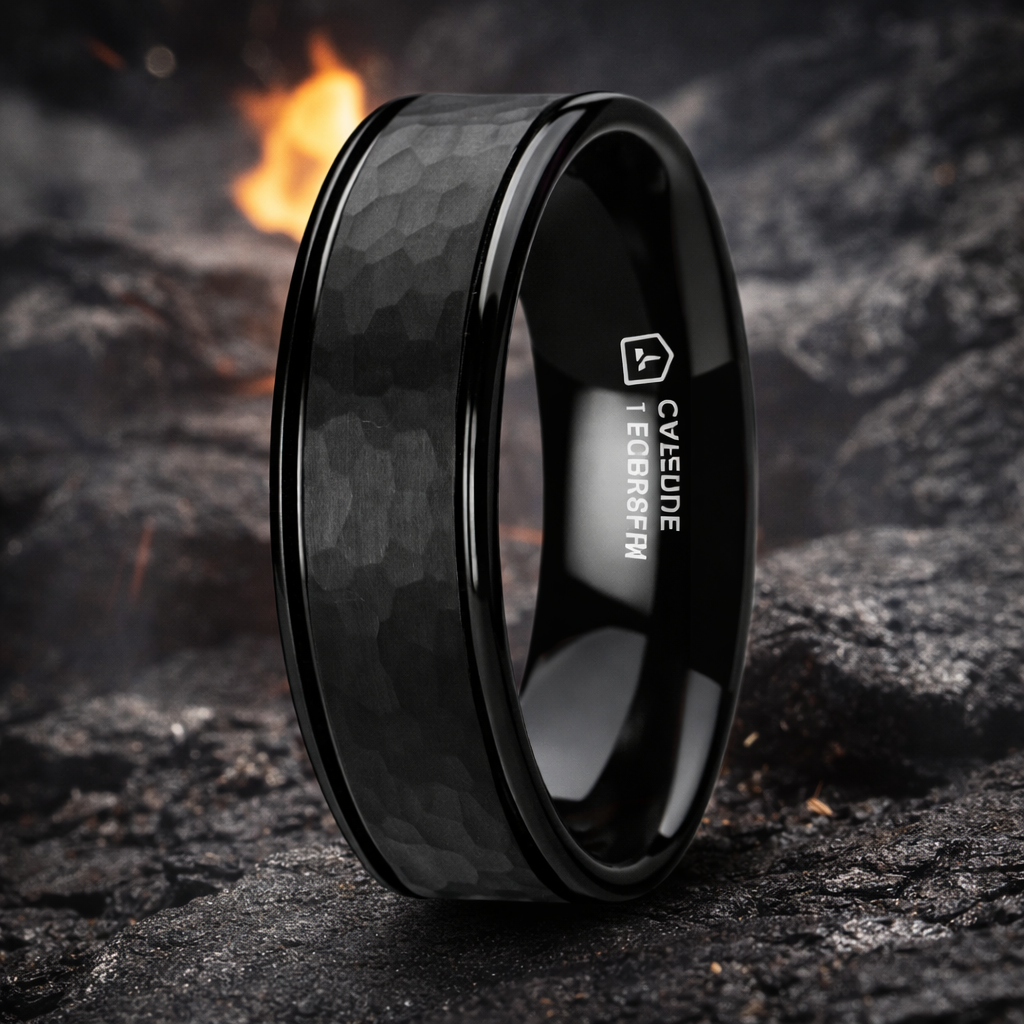 The Hammer Black Tungsten Carbide Ring Dual Offset Grooves Polished Ed ...