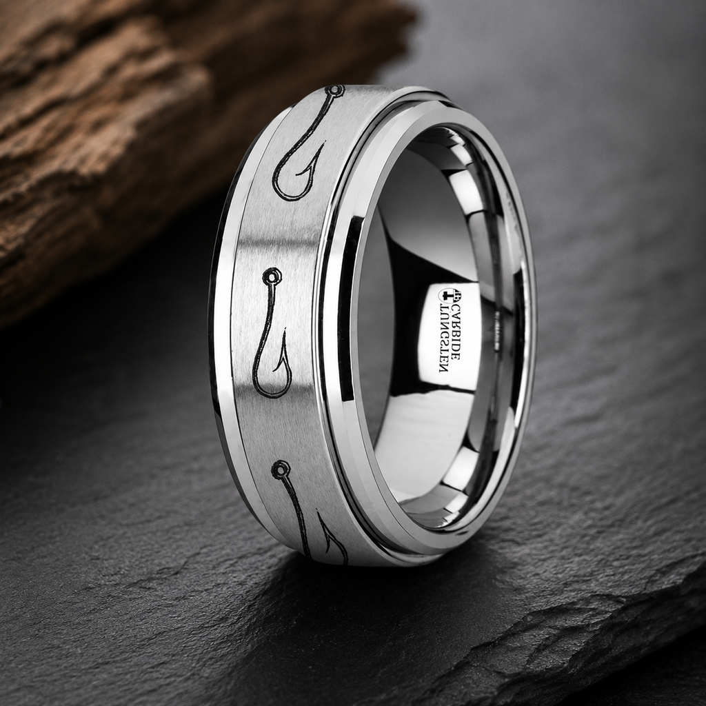 The Hooked Fishing Hook Engraved Tungsten Carbide Spinner Men's Ring 8 ...