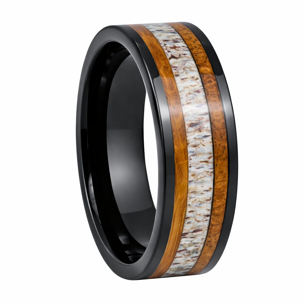 The Hunter Tungsten Black IP Ring with Whiskey Barrel and Deer Antler ...