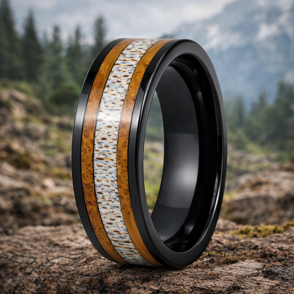 The Hunter Tungsten Black IP Ring with Whiskey Barrel and Deer Antler ...