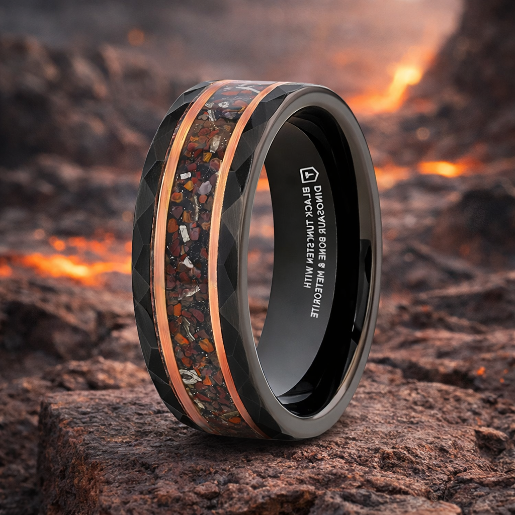 INFERNO Black/Rose Hammered Tungsten Ring Dinosaur Bones and Meteorite ...
