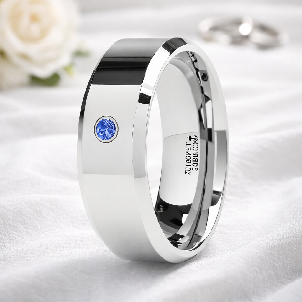 The Kensington Beveled Blue Diamond Tungsten Wedding Band 8mm – Just ...