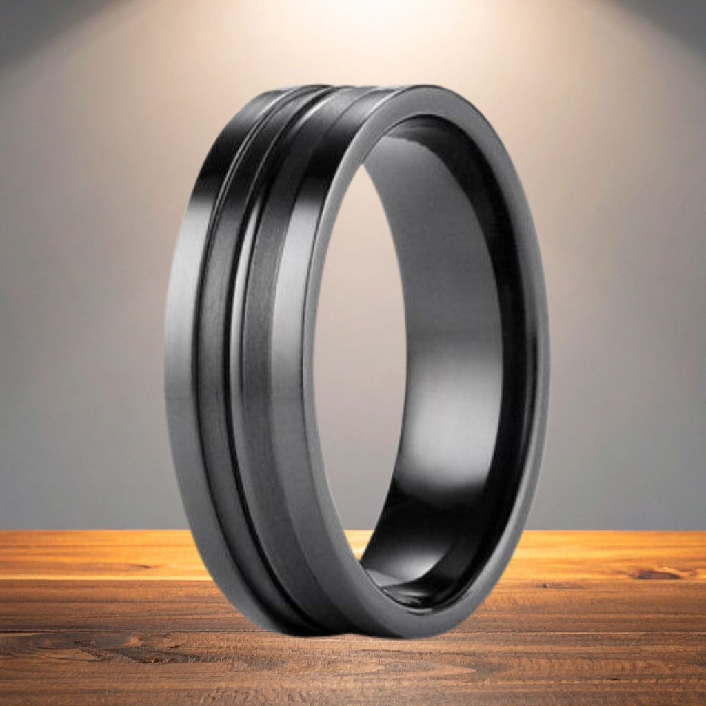 Men's Titanium Black Polished and Satin Ridge Cut Center Wedding Ring ...