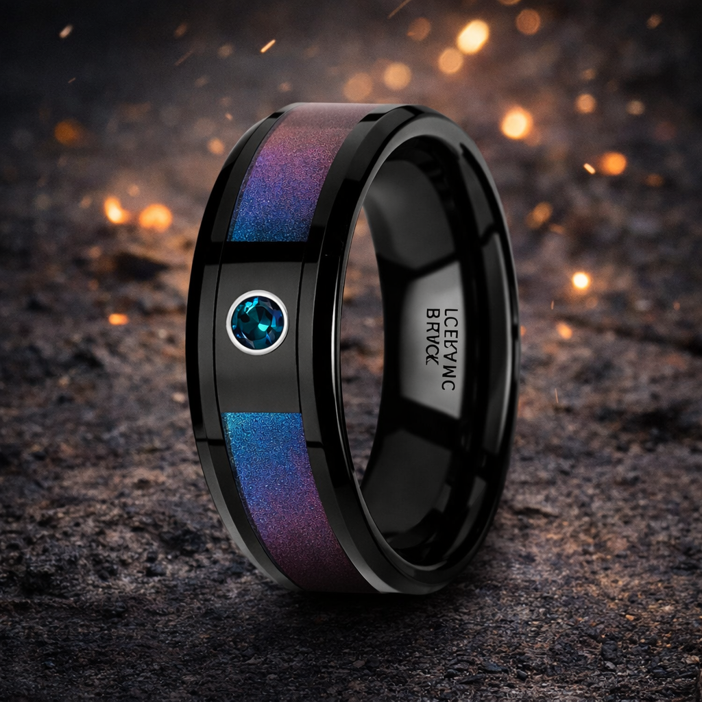 KLEIN Black Ceramic Ring with Blue & Purple Inlay and Alexandrite