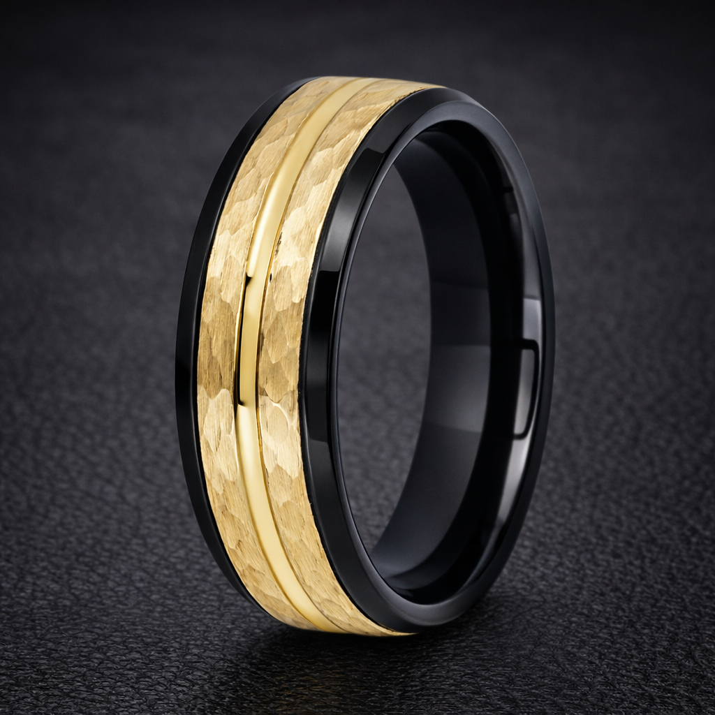The Nightforge Black Tungsten with Gold IP Hammered Center and Stepped ...
