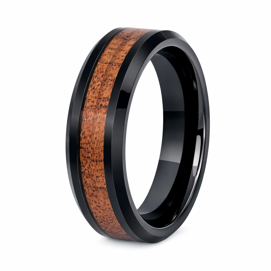 The Kona Black IP Tungsten Hawaiian Koa Wood Inlay and Beveled