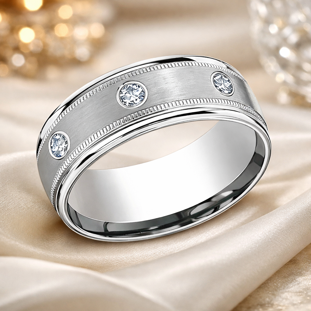 The Lexington Satin and Milgrain 8mm Men's 950-Platinum 6 Diamond Wedd ...