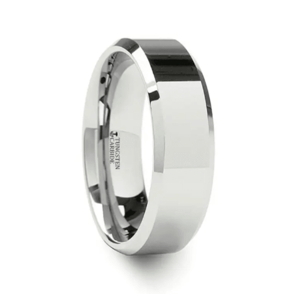 LINCOLN White Tungsten Wedding Band with Beveled Edges - 8mm - Just Mens Rings
