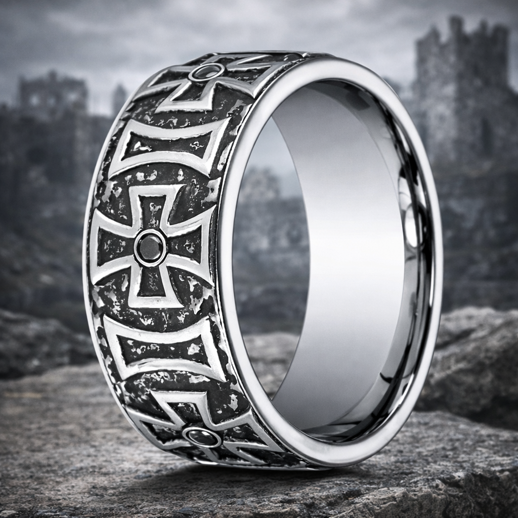 The Maltese Men's Cobalt Cross Ring with 6 Black Diamonds 9mm