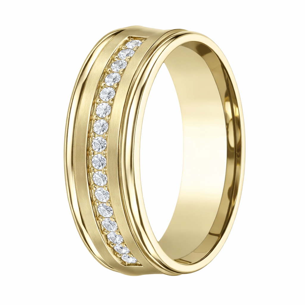 The Montclair 7.5mm 14k Yellow Gold Concave Mens Wedding Ring with Pave-Set Diamonds 6 / 7.5mm The Montclair 7.5mm 14k Yellow Gold Concave Mens Wedding Ring with Pave-Set Diamonds 6 / 7.5mm