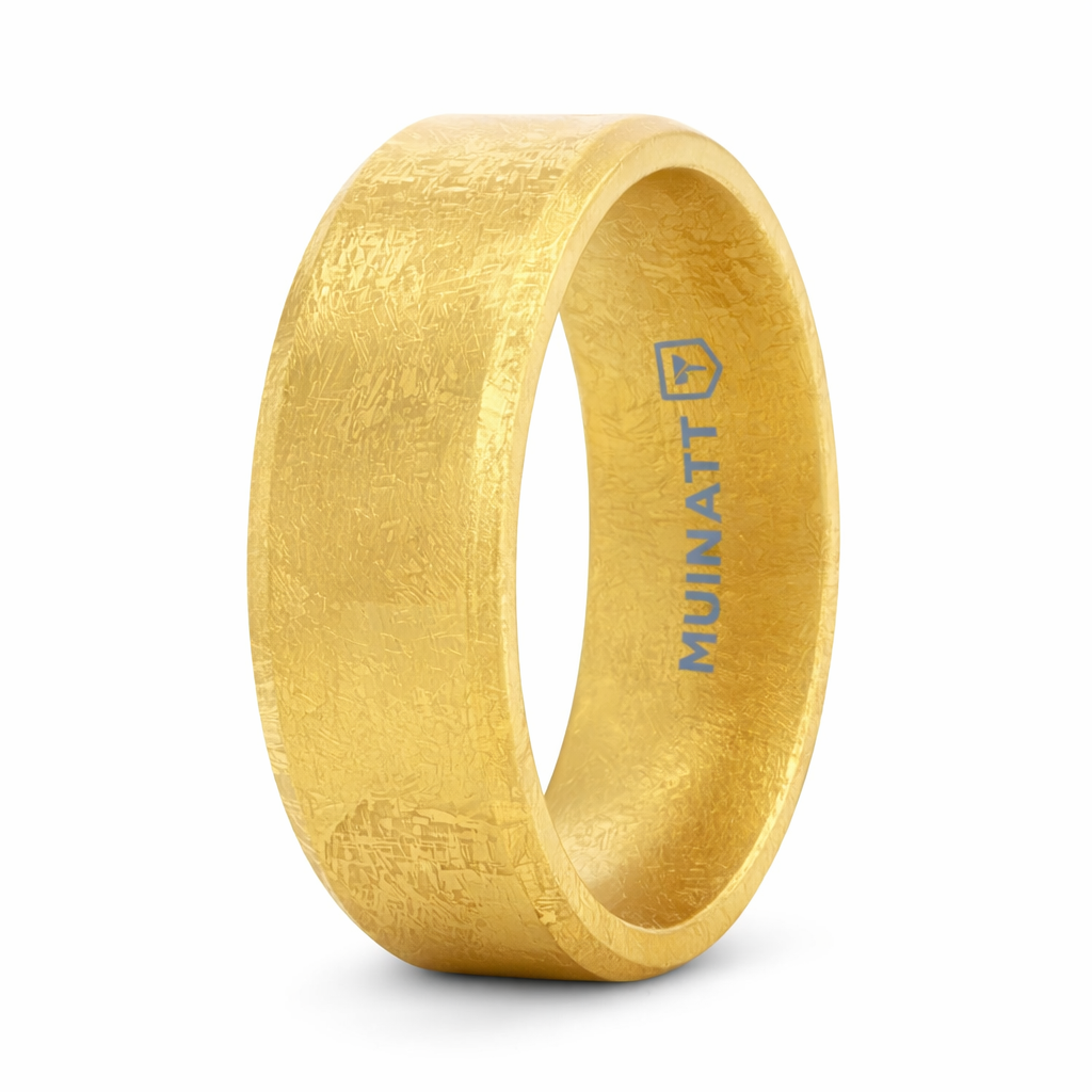 The Muse Flat Gold Plated Titanium Ring with Beveled Edges and Meteori ...