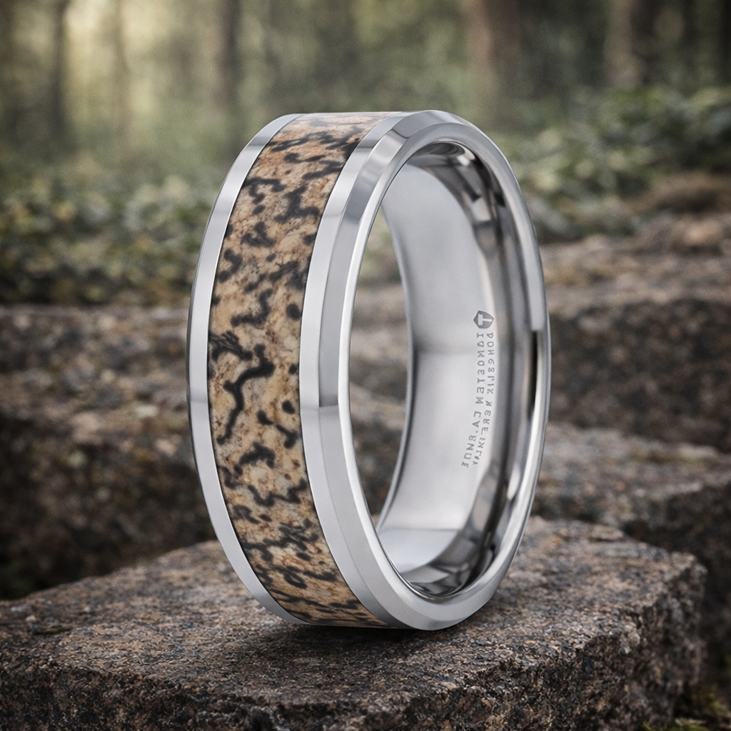 The Ordovician Dinosaur Bone Inlaid Tungsten Carbide Beveled Edged Rin ...