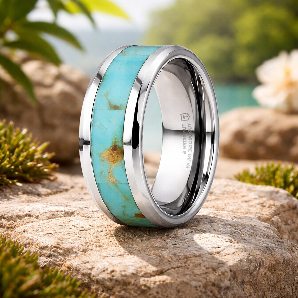 The Pierre Polished Tungsten Ring Light Blue Turquoise Stone Polished ...