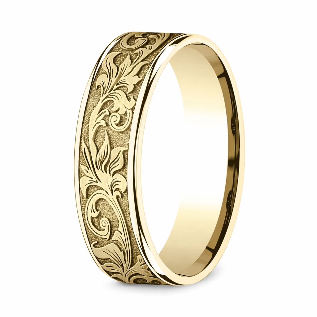 The Prince 14K Yellow Gold Men's 6.5mm Script Pattern Beveled Edge Ring 9.5 / 6.5mm The Prince 14K Yellow Gold Men's 6.5mm Script Pattern Beveled Edge Ring 9.5 / 6.5mm