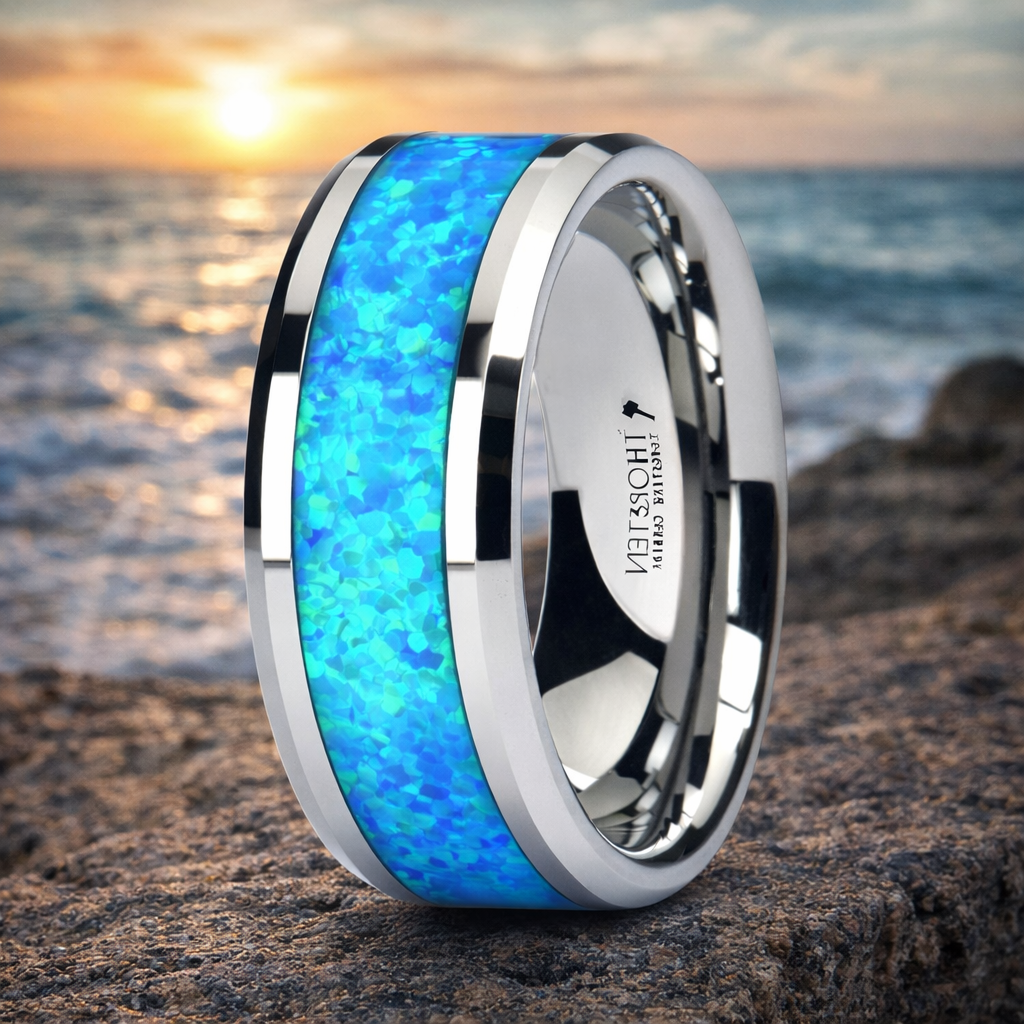 The Quasar Tungsten Wedding Band with Blue Green Opal Inlay 8mm